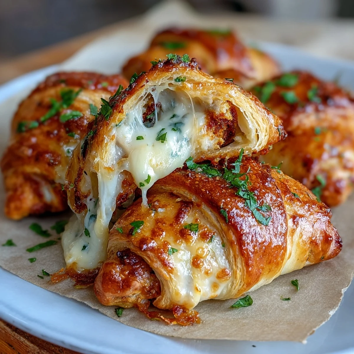 Freshly baked Decadent Chicken Pillows with Garlic Parmesan Sauce rest golden brown and puffed on a rustic wooden board.
