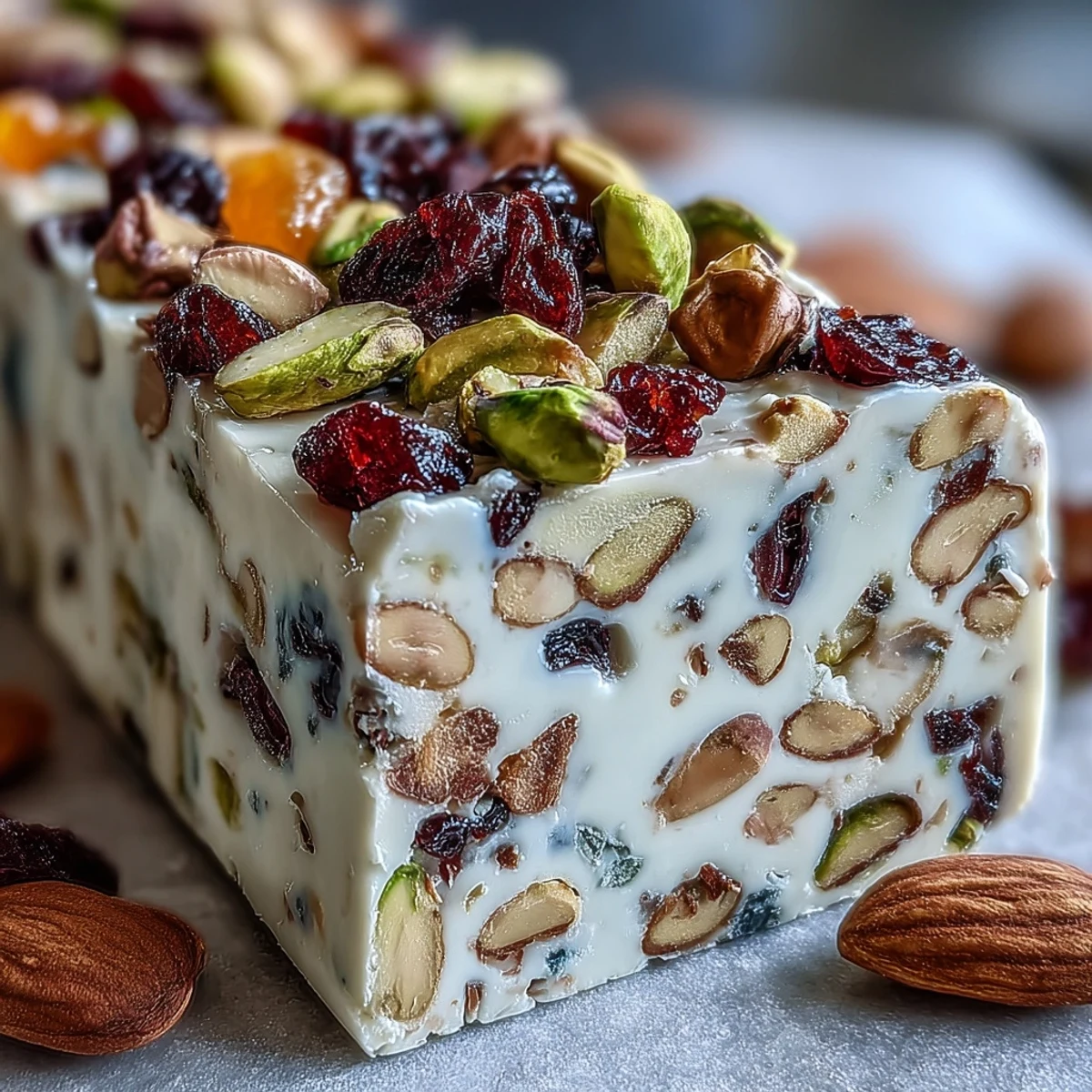 A close-up view of homemade Pistachio Nougat Candy, showing the chewy texture packed with toasted nuts and vibrant dried apricots.