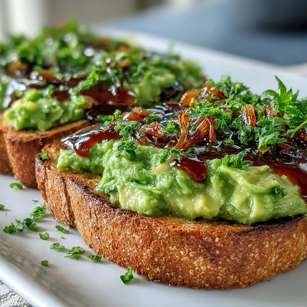 A close-up view of Chilli-Lime Avocado Toast on toasted sourdough, featuring a tangy dressing and fresh cilantro for a bright finish.