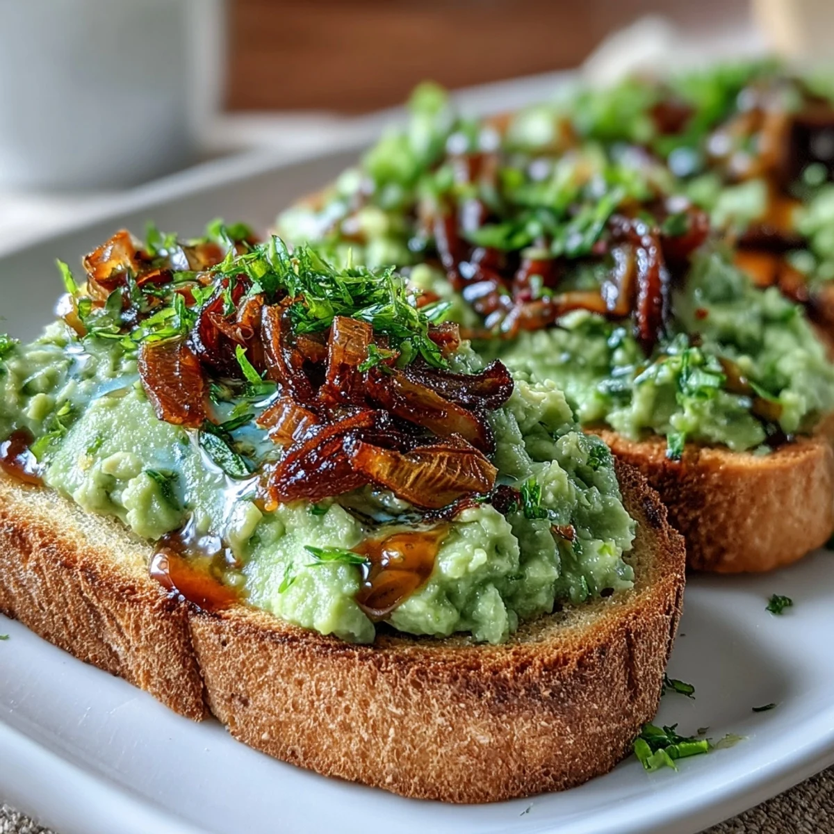 Rustic slices of toast are topped with chunky avocado, a sprinkle of chili flakes, and crunchy fried shallots, creating a zesty bite.