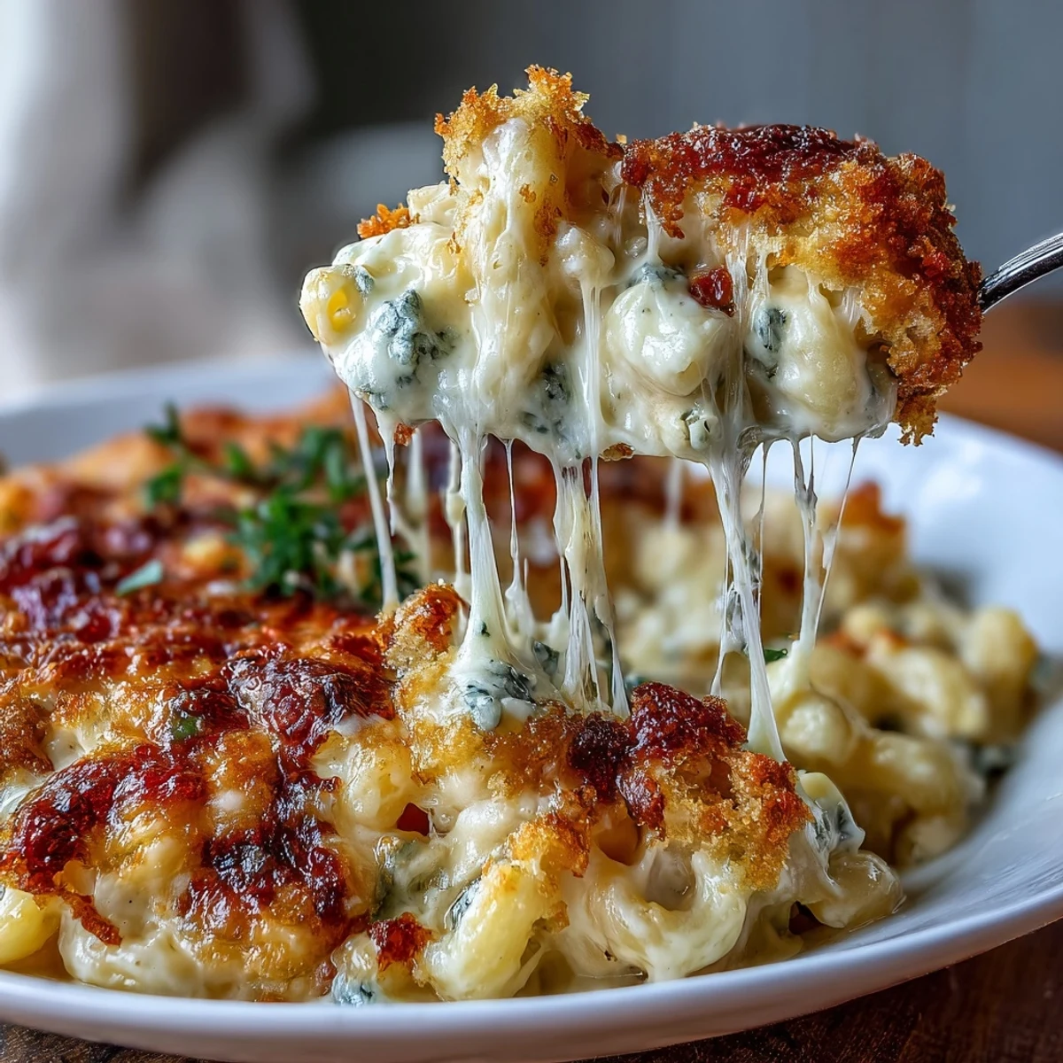 Four-Cheese Mac & Cheese Bake loaded with sharp cheddar and creamy Gouda on a dinner plate.