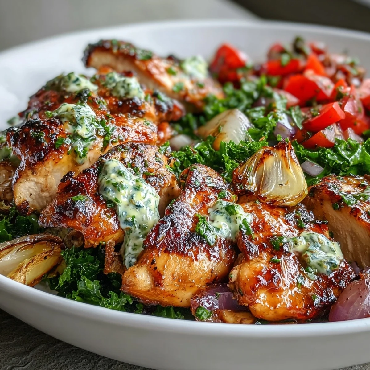 Juicy grilled chicken slices glisten in this Chimichurri Grilled Chicken Bowl, nestled beside vibrant roasted vegetables and sautéed greens, ready to drizzle with creamy garlic sauce.
