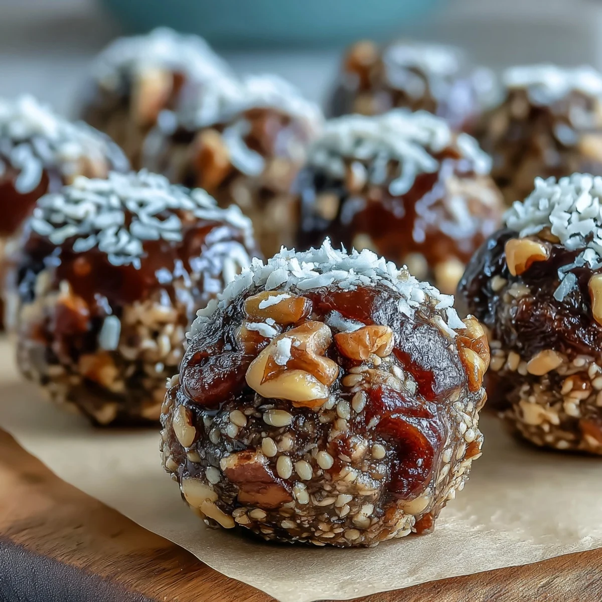 Handheld Tahini-Date Energy Balls arranged on parchment, sticky-sweet from dates with a creamy tahini center.