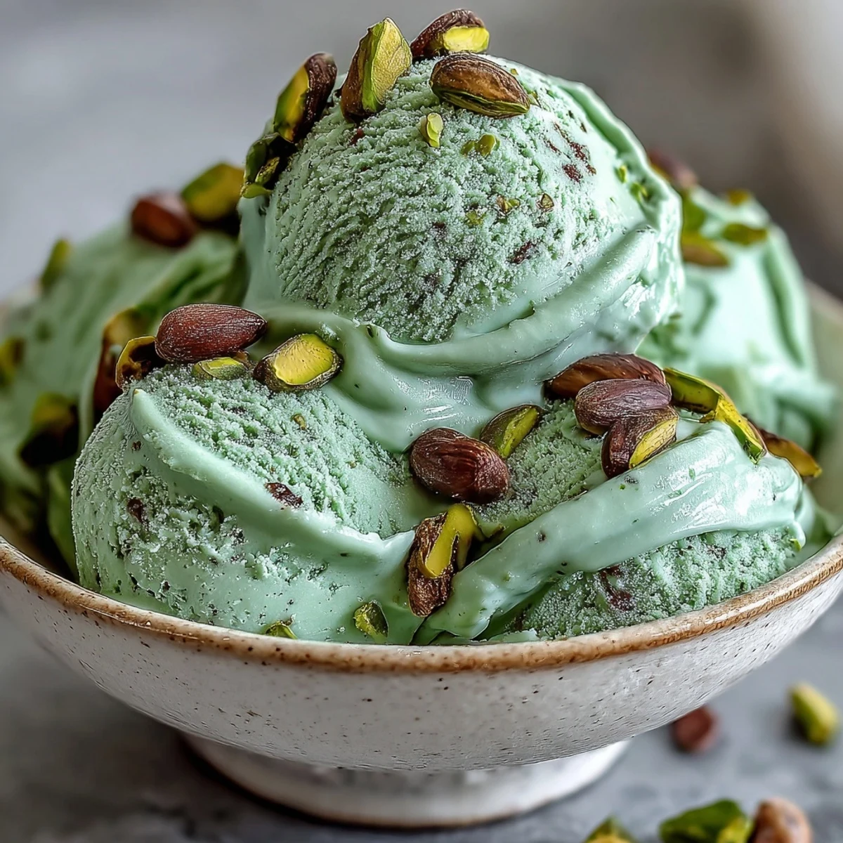 Creamy homemade Pistachio Gelato in a ceramic bowl, garnished with chopped roasted pistachios.
