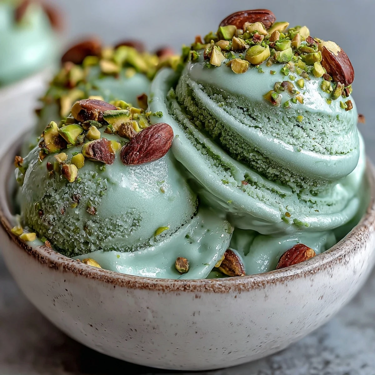 Close-up of homemade Pistachio Gelato featuring a nutty, pale green texture in a glass.