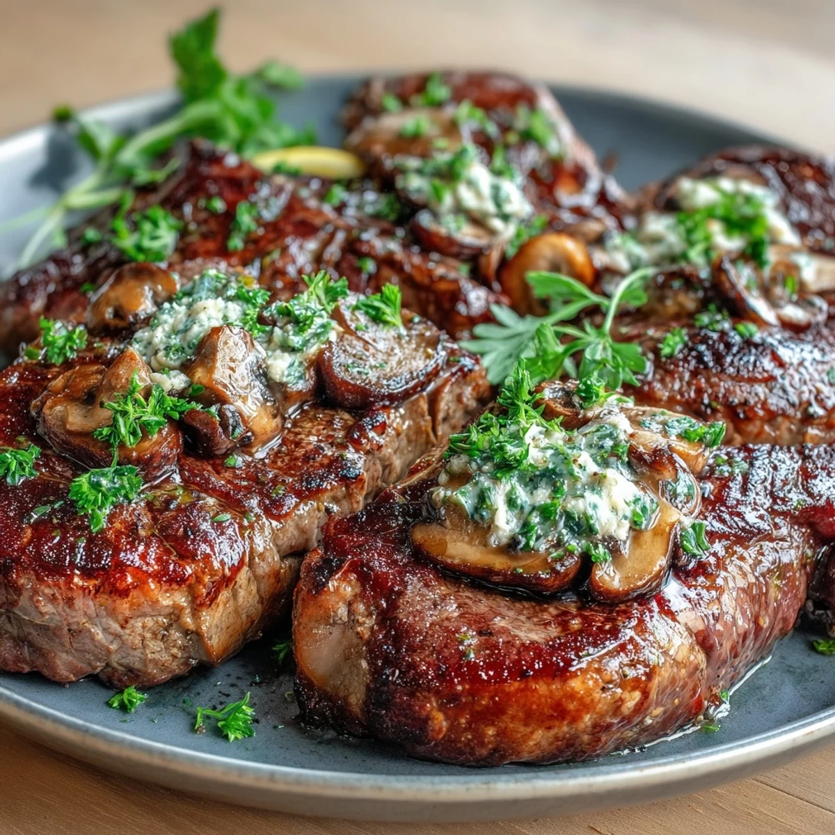 Sizzling ribeye steak topped with melted wild mushroom and garlic butter, finished with fresh parsley and lemon for a rustic dinner.