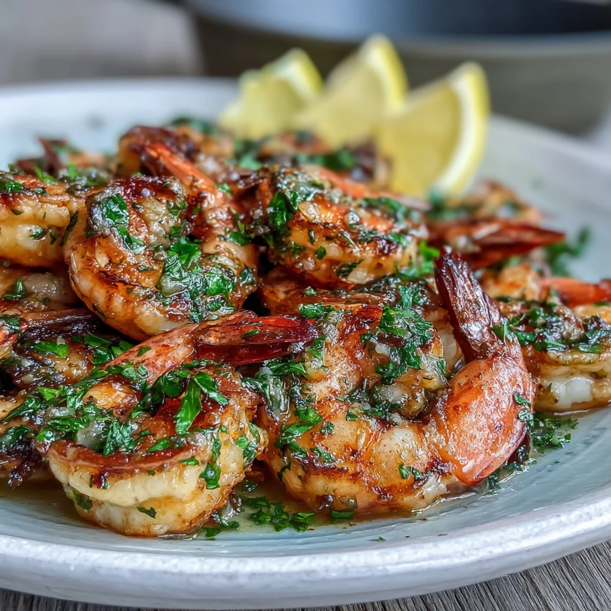 Close-up of Garlic Butter Prawns showing pink, tender shrimp coated in garlic butter sauce, flecked with parsley and red pepper flakes.