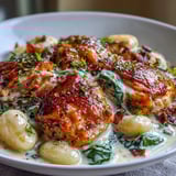 Savory One-Pan Creamy Garlic Chicken Gnocchi with tender chicken, pillowy dumplings, and bright green spinach swimming in a rich Parmesan cream sauce.