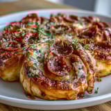 Golden, baked pizza pinwheels loaded with pepperoni slices, gooey mozzarella, and zesty marinara sauce. Great for snacking or sharing.
