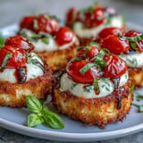 Crispy rice Caprese salad featuring vibrant tomatoes, creamy mozzarella, and basil.
