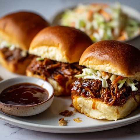 A plate of barbecue sandwiches with coleslaw on the side.
