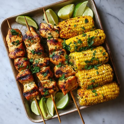 A tray of food with corn on the cob and chicken skewers.