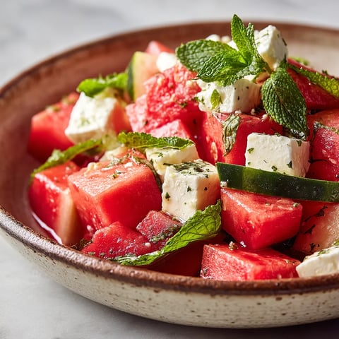 A bowl of watermelon with feta cheese.