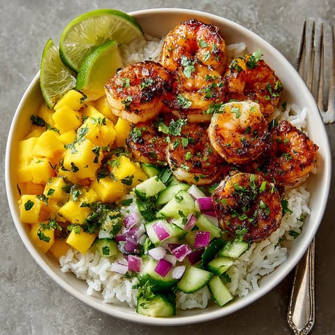 A bowl of shrimp, rice, and vegetables.