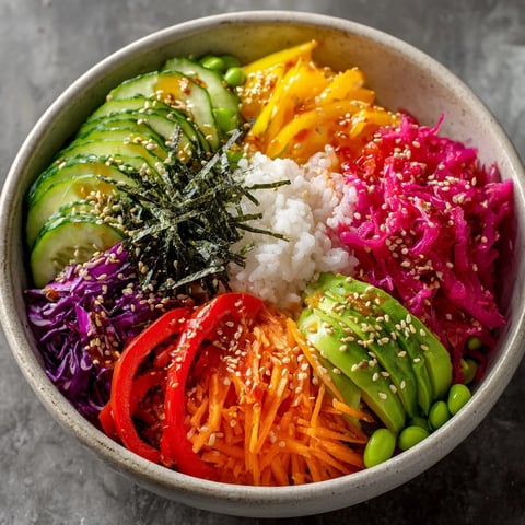 Rainbow Veggie Sushi Bowls with colorful sliced vegetables, creamy avocado, and sesame seeds in a white bowl