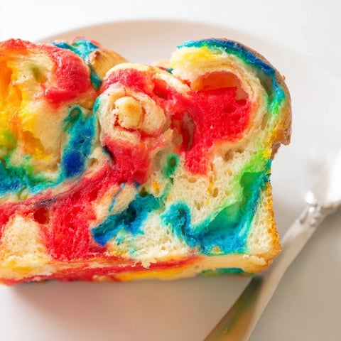 Fluffy Cloud Bread Rainbow Version with vibrant colors, perfect for adventurous breakfast delights.  