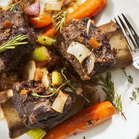 Tender apple cider braised short ribs served with roasted vegetables and fresh herbs.  