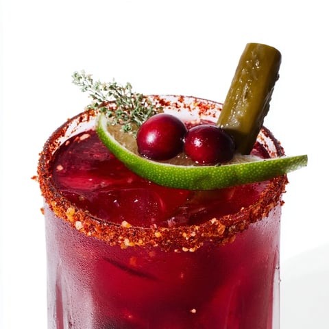 A colorful DIY Cranberry-Pickle Margarita, garnished with lime and pickle spear, ready to sip.