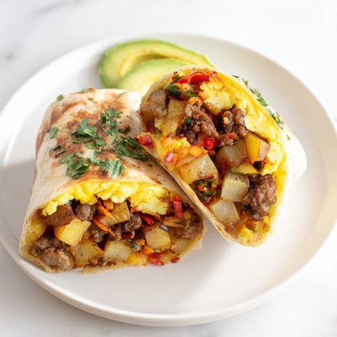 Golden roasted potatoes and melted cheese brimming inside a Christmas Breakfast Burrito with kimchi.