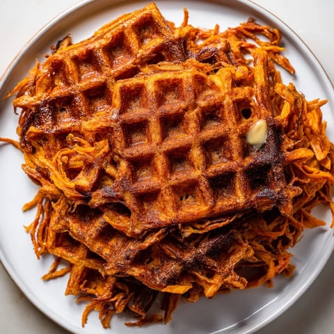 Golden-brown Sweet Potato Waffle Hack, ready to be topped with fresh fruit and maple syrup.