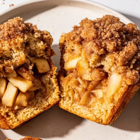 Warm, golden Cinnamon Apple Muffins with a crumb topping, perfect for an autumn breakfast treat.