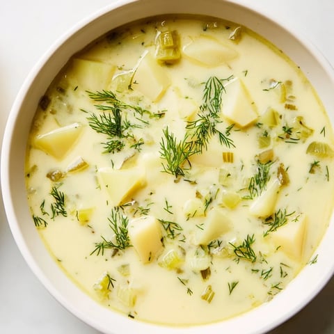 Creamy Dill Pickle Soup, a warm bowl of soup, is garnished with fresh herbs, ready to savor.