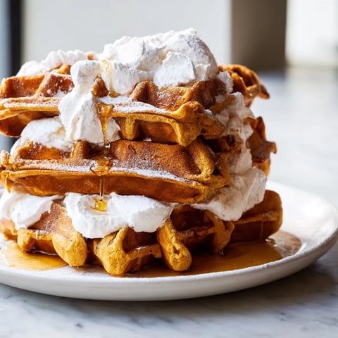 Warm, spiced Express Gingerbread Waffle Stacks, layered high with fluffy whipped cream and syrup.