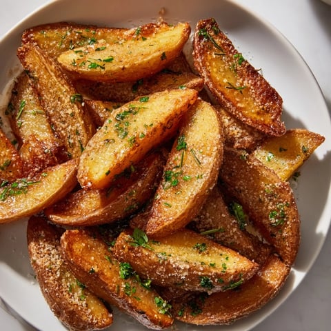 Golden, crispy Quick Rosemary Roast Potato Wedges, smelling of garlic, ready to eat alongside a main course.