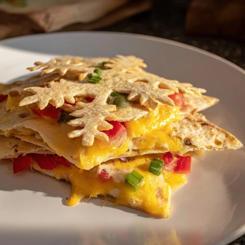 Golden, melty Express Snowflake Quesadillas topped with beautiful snowflake tortilla cutouts, ready to serve.