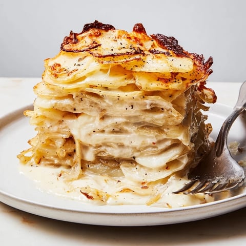 Golden, bubbling Budget-Friendly Potato Layer Bake, a creamy casserole with tender potato slices and melted cheese.