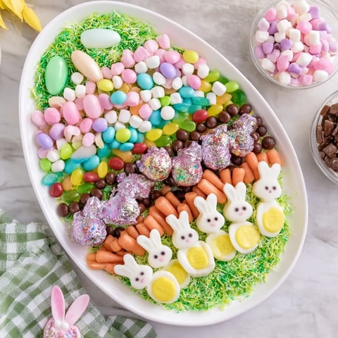 A vibrant Egg-Shaped Candy Platter displays colorful sweets—perfect for Easter or any cheerful gathering now!