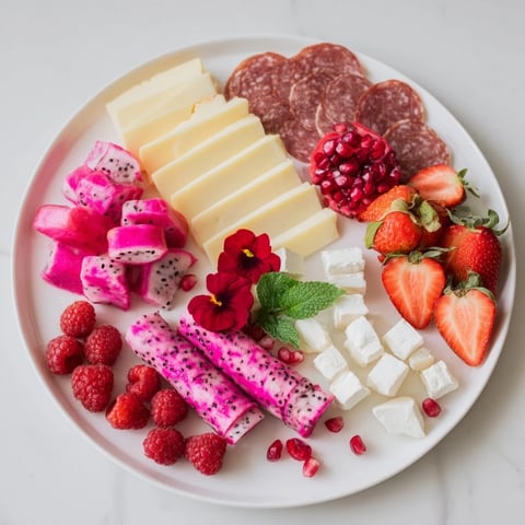 Vibrant Flamingo Paradise Board with colorful tropical fruits and assorted cheeses ready to serve.