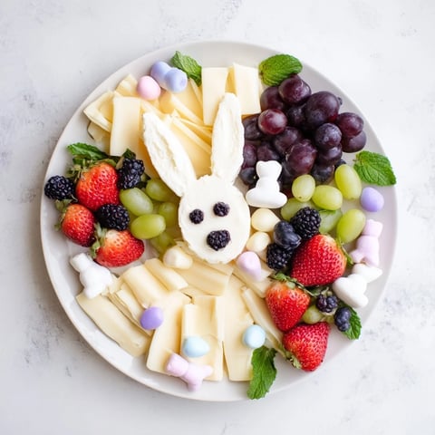 Bunny Ears Easter Board: An eye-catching charcuterie board shaped as bunny ears with colorful fruits and cheese.
