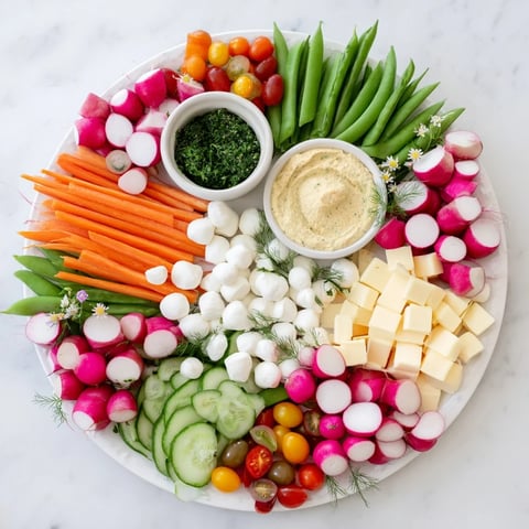Spring Wreath Appetizer Platter boasts fresh veggies and cheeses, a colorful, inviting spread perfect for springtime entertaining.