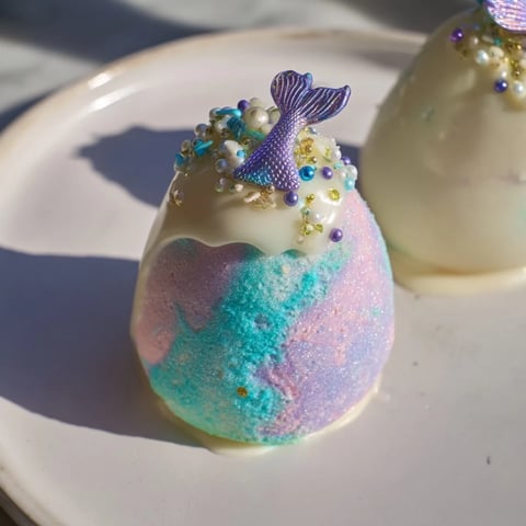 Delicate Mignardises Queue de Sirène, showing the dipped madeleines with colorful mermaid tail sprinkles.