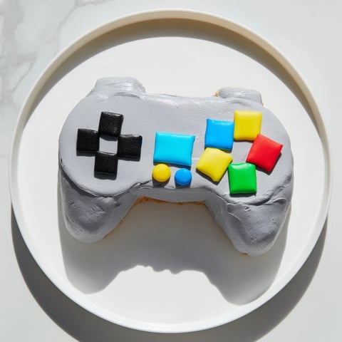 Pixel video game controller cake, a colorful fondant creation ready to delight party guests.