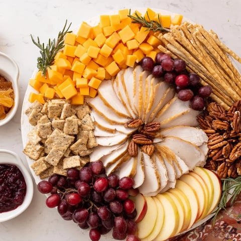 Beautifully arranged Turkey Cheese and Cracker Board, perfect for a Thanksgiving appetizer with fresh grapes.