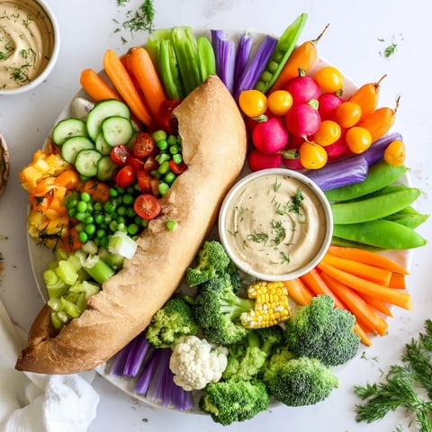 Festive Cornucopia Veggie Board brimming with colorful, fresh vegetables and creamy dips for dipping.