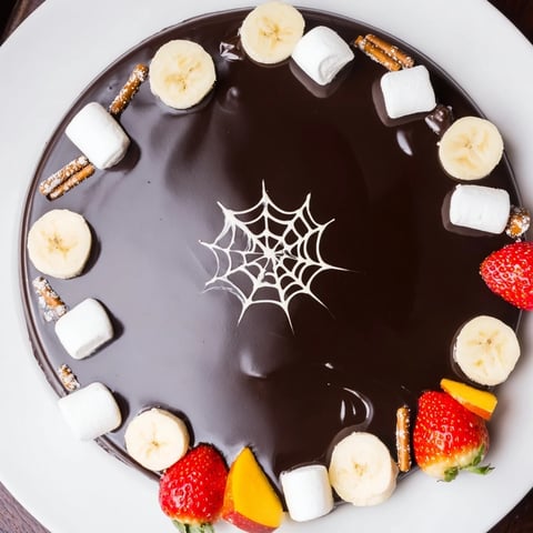 Silky dark Spiderweb Chocolate Ganache elegantly drizzled with white chocolate, ready for dipping treats.