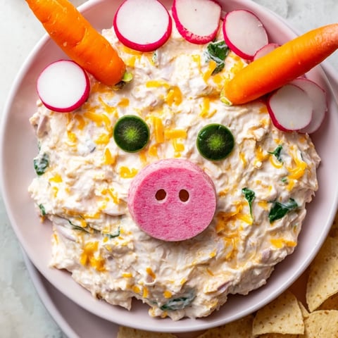 Charming piggy face dip bowl served with fresh, colorful dippers, a fun party appetizer.