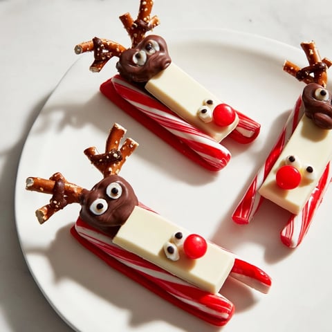Vibrant Rudolph Candy Cane Sleds, a festive dessert, feature a chocolate bar on candy cane runners.