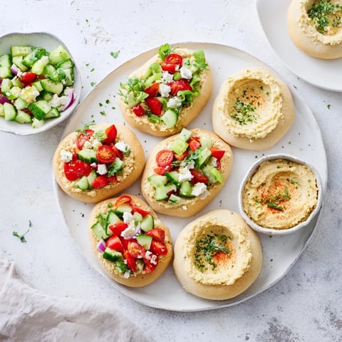 A colorful platter of Savory Board mini pita pockets and creamy hummus bowls ready to enjoy.