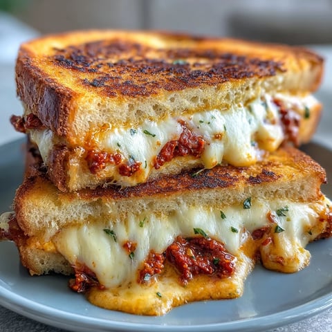 Golden-brown Sun-Dried Tomato Pesto Grilled Cheese oozing melted mozzarella on a plate.