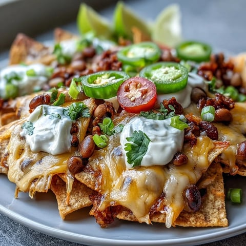Freshly baked Black-Eyed Pea Nachos topped with melted cheddar, spicy jalapeños, diced tomatoes, and a dollop of sour cream.