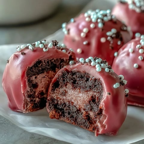Pink-coated Oreo Truffle Balls resting on parchment with sprinkles, offering a creamy chocolate center and a satisfyingly crisp candy shell.