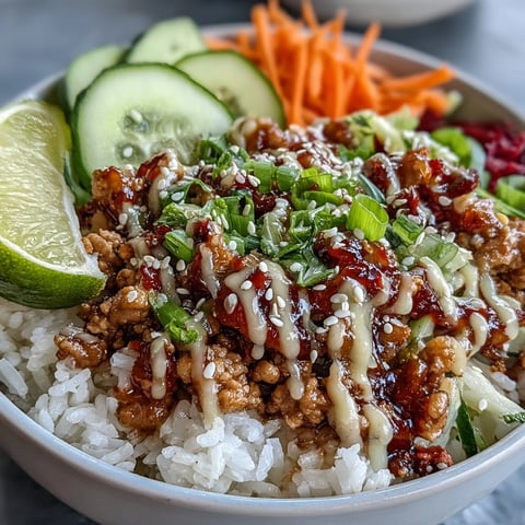 Vibrant Bang Bang Ground Turkey Rice Bowls feature saucy turkey, fluffy rice, and crisp veggies, garnished with sesame and scallions.