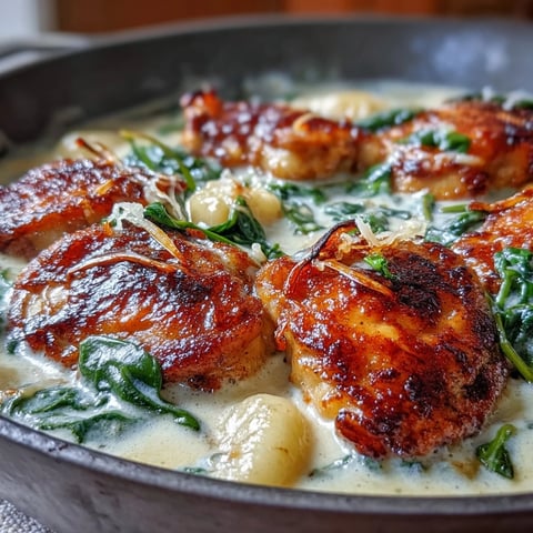 Golden seared chicken thighs and pillowy gnocchi bake in a creamy garlic Parmesan sauce with wilted spinach.