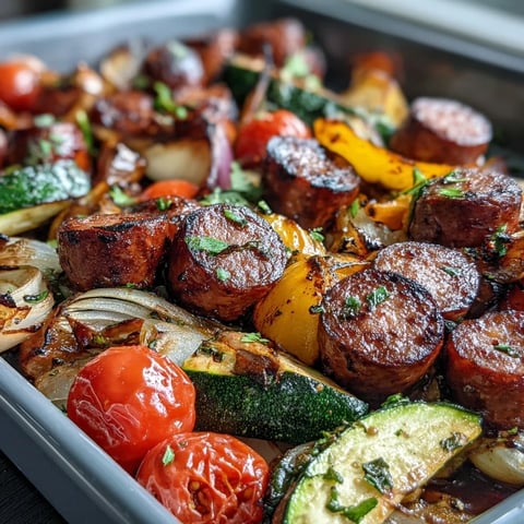 Smoky Sheet Pan Sausage & Veggies with Naan roasted with peppers and onions, garnished with fresh parsley for a vibrant dinner.