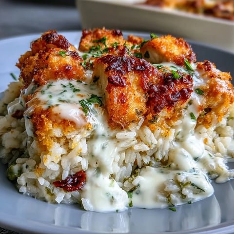Golden brown Creamy Garlic Chicken & Rice Casserole served bubbling from the oven.