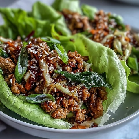 Freshly cooked ground turkey stir-fry with carrots and cabbage, spooned into crisp lettuce cups and topped with sesame seeds for Turkey Potsticker Stir-Fry Lettuce Wraps.
